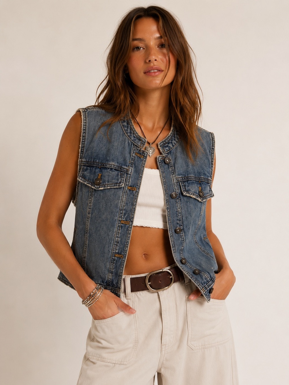 Free People Lace Up Denim Vest Jacket Boho Utility Western Size L